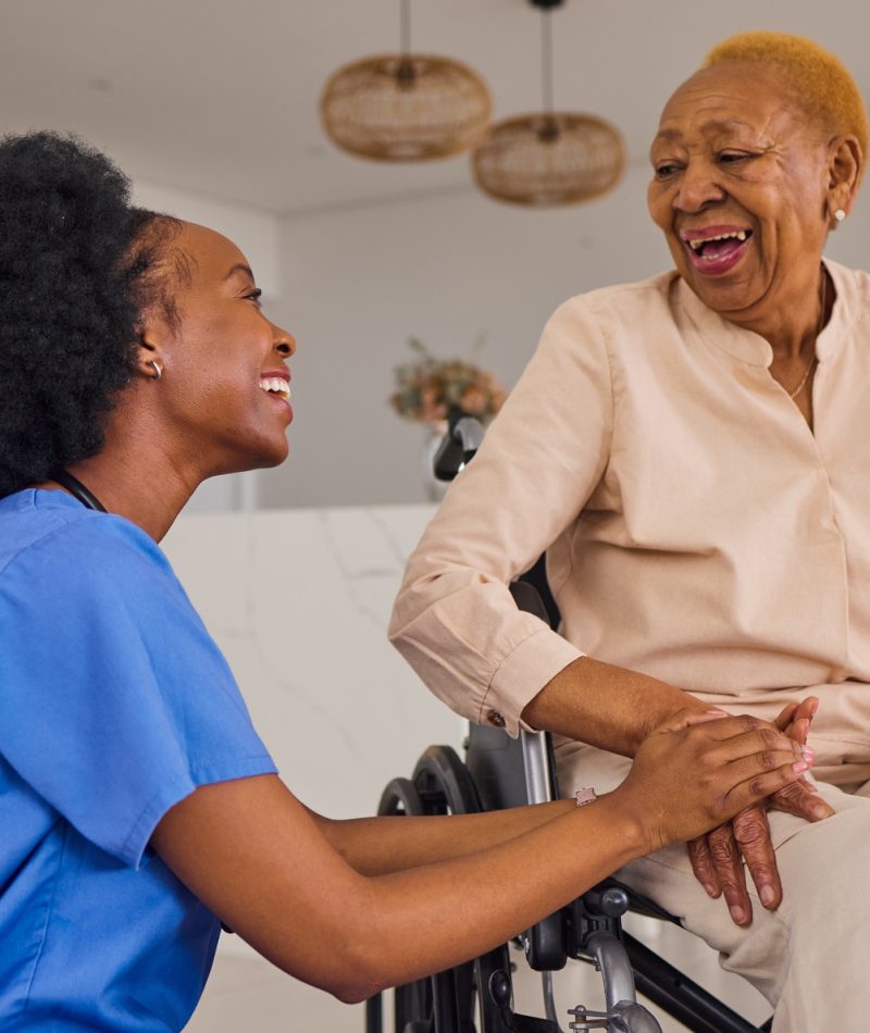 Black people, nurse and senior patient in wheelchair, elderly care and healthcare at home. Happy Af